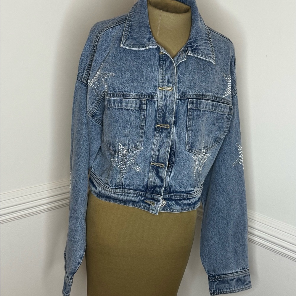 Women's Blue Denim Jacket with Star Accents